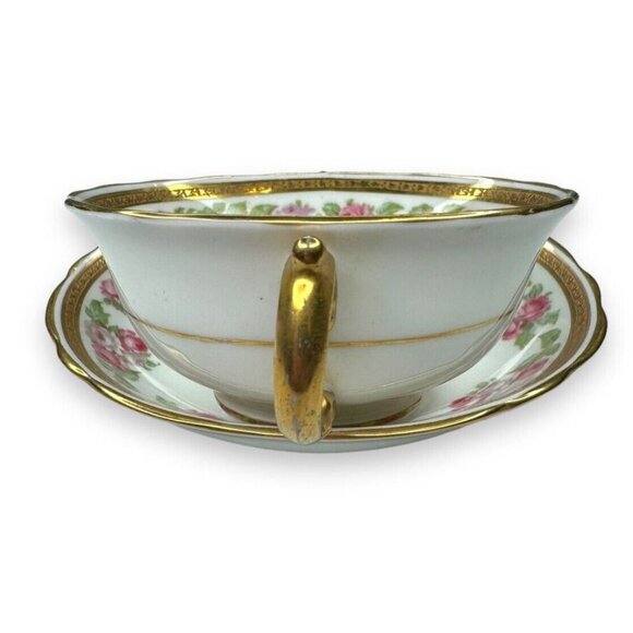 Tiffany & Co Adderley Bouillon Cup & Saucer Set Pink Roses Gold Trim England - Picture 2 of 12